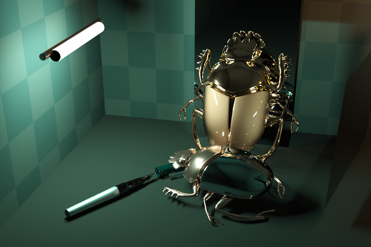 Physical light transport, large light source: a coated golden scarab beside a smaller copper scarab.