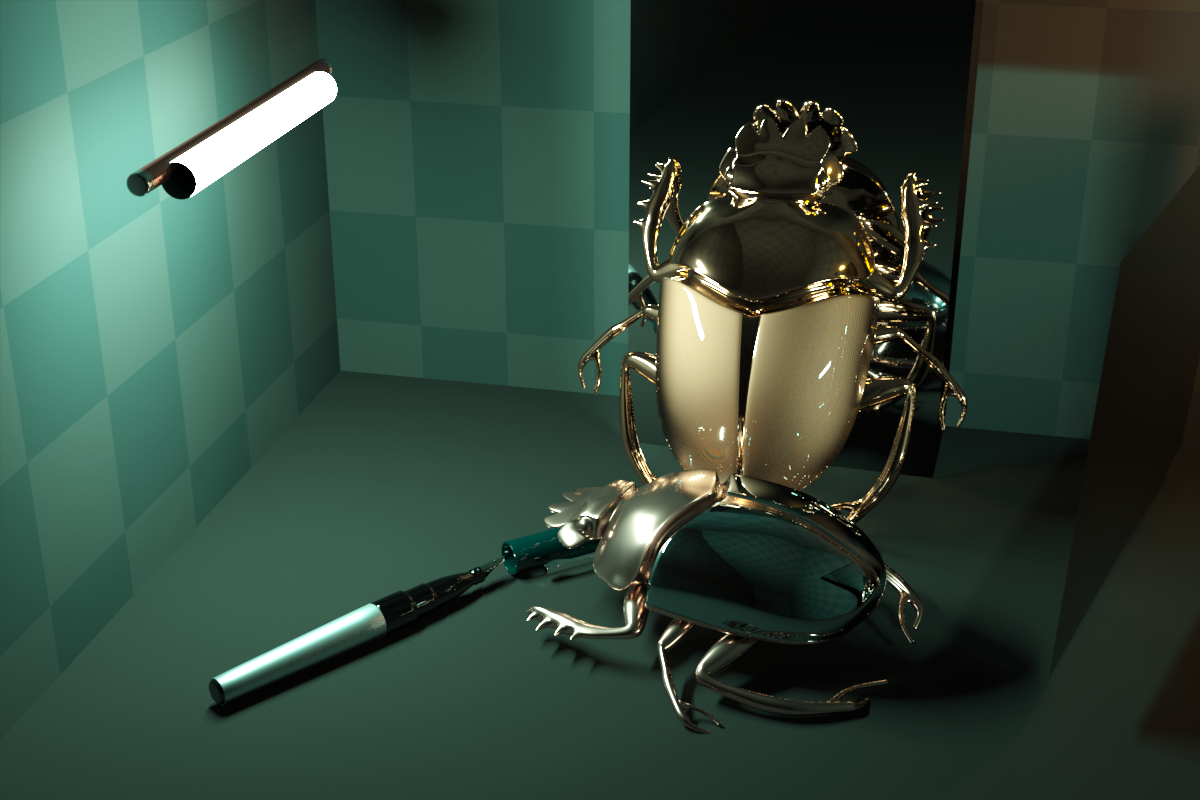 Radiometric light transport, large light source: a coated golden scarab beside a smaller copper scarab.